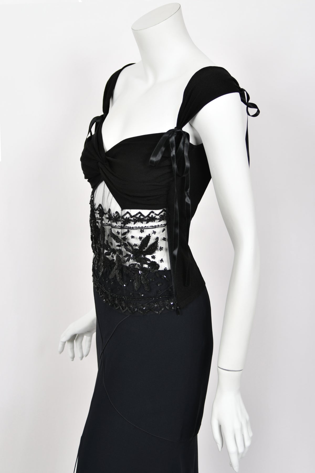 2004 Valentino Runway Black Silk Beaded Sheer Cut-Out Blouse &amp; Bias-Cut Skirt Set