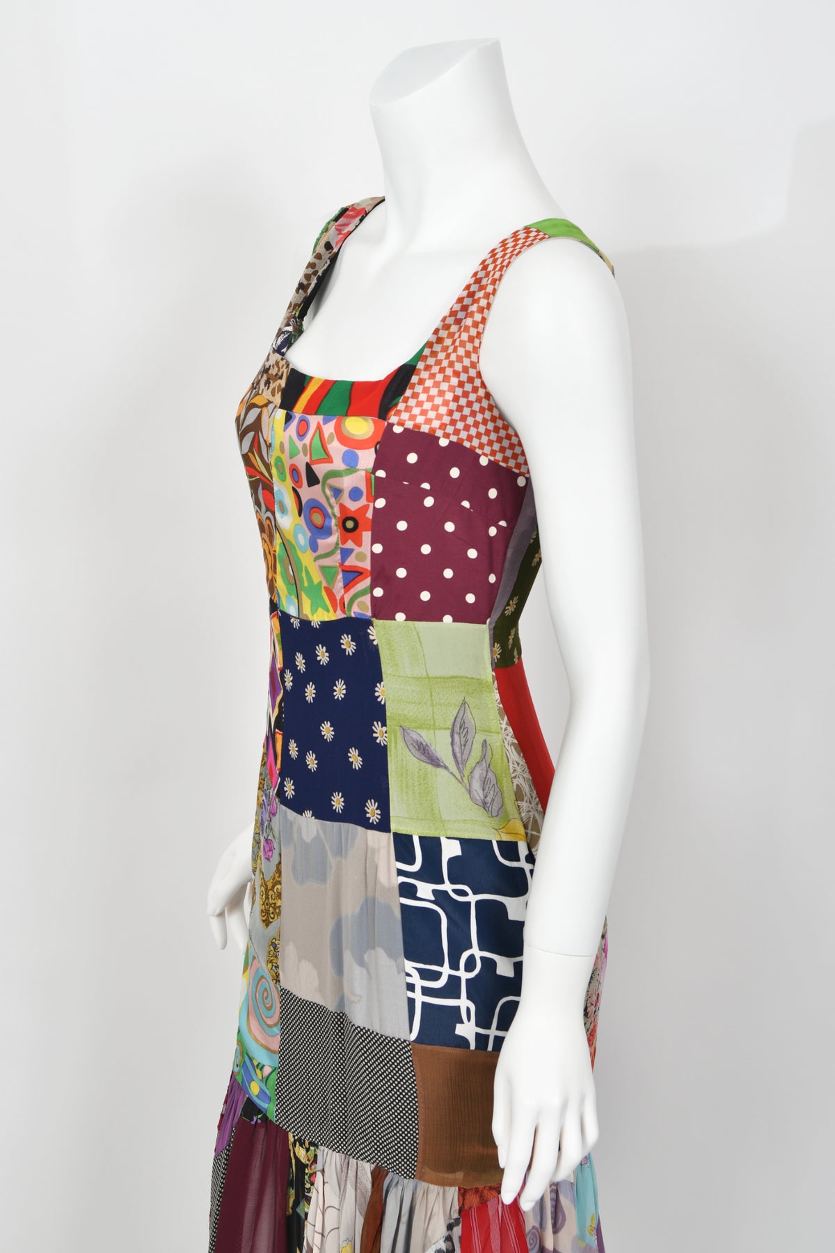 1993 Dolce &amp; Gabbana Documented Colorful Patchwork Silk Hourglass Flounce Gown