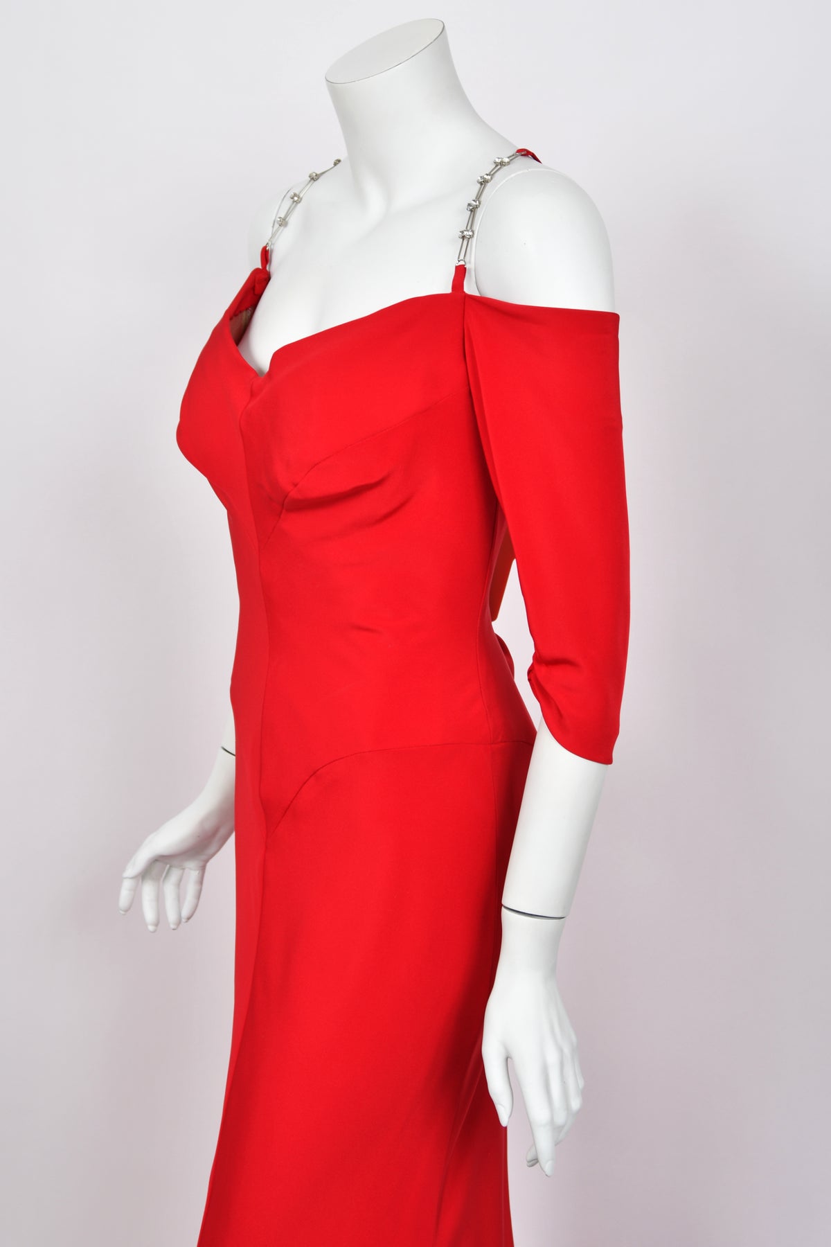 2000 Raquel Welch Custom Couture Ruby-Red Silk Bustier Hourglass Trained Gown