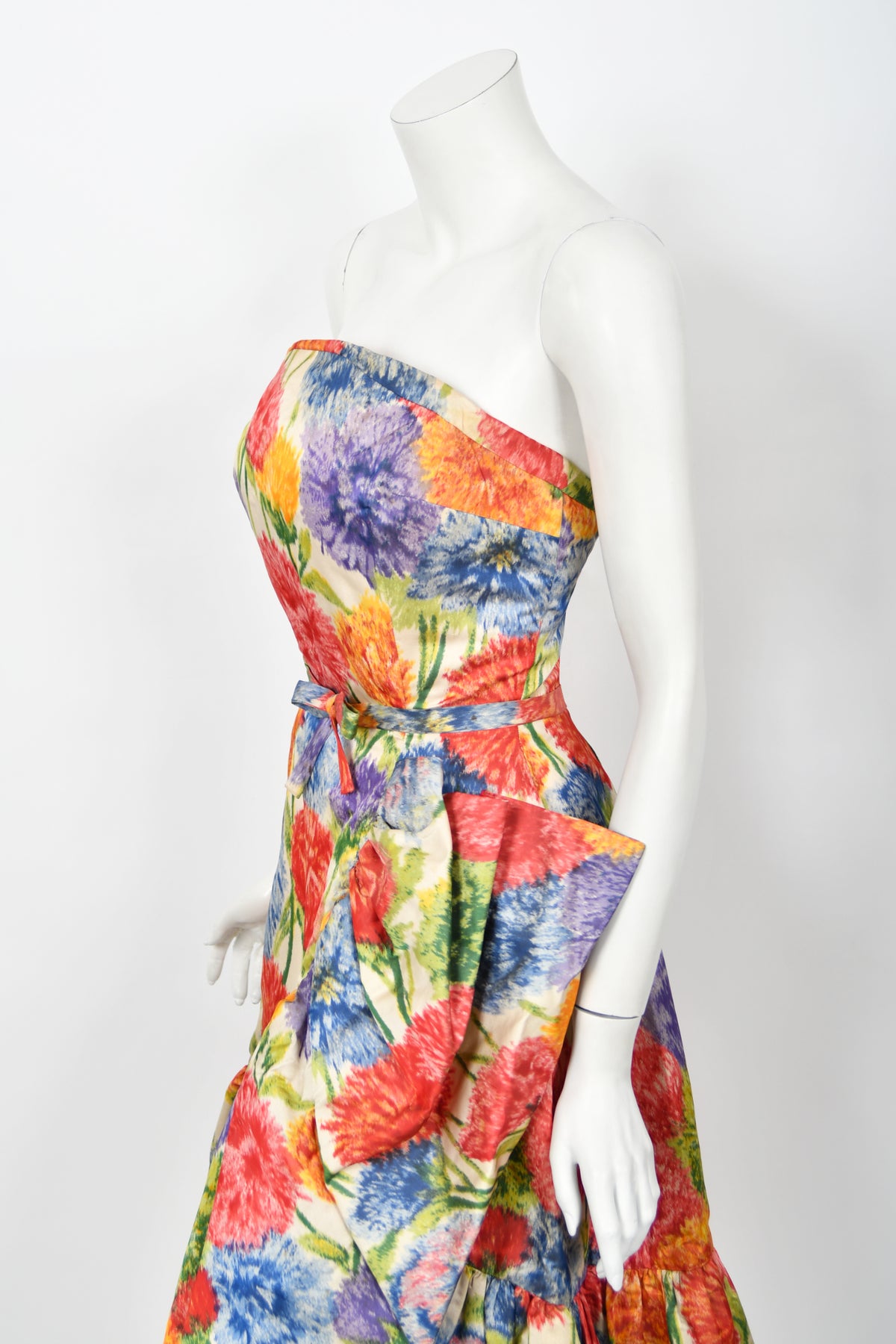 1958 Arnold Scaasi Couture Colorful Floral Silk Strapless Dress &amp; Swing Jacket
