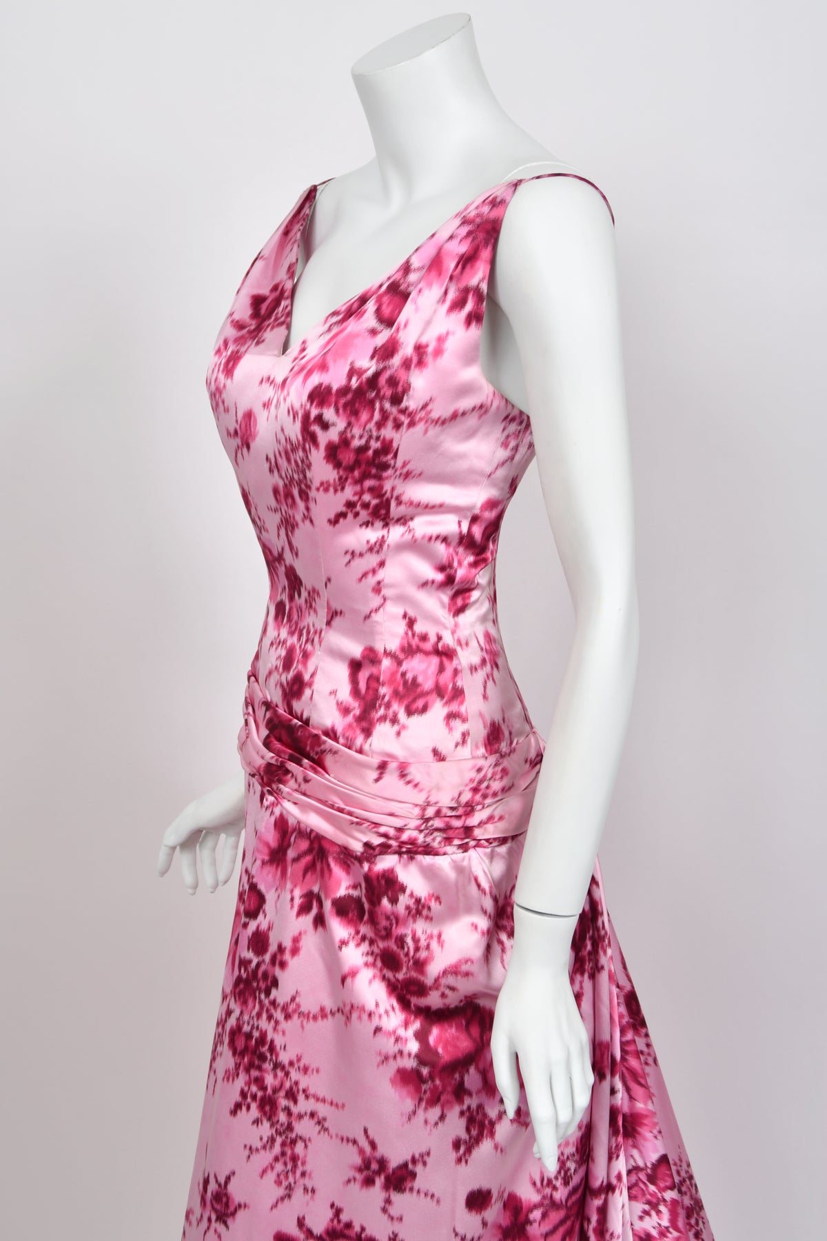 1955 Samuel Winston Vogue Documented Pink Floral Silk Satin Sculptural Trained Gown