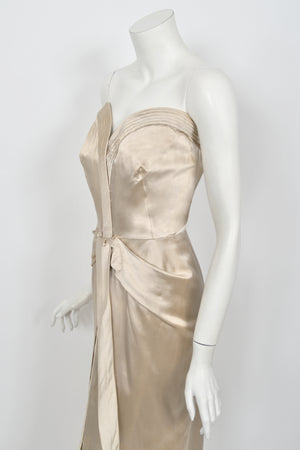 1950's Jacques Griffe Haute Couture Champagne Strapless Bustier Hourglass Gown