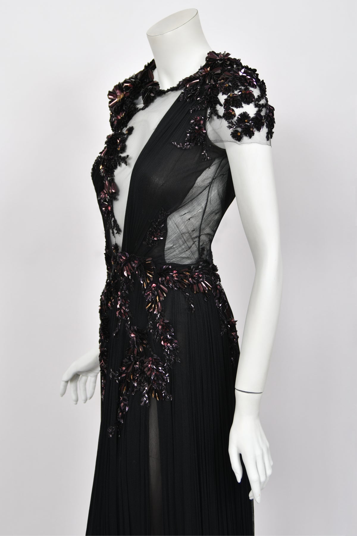 2012 Gucci Runway Editorial Heavily Embellished Sequin Sheer Black Pleated Tulle Gown