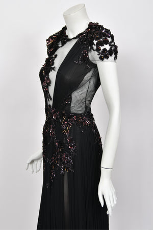 2012 Gucci Runway Editorial Heavily Embellished Sequin Sheer Black Pleated Tulle Gown