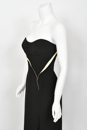 1999 Thierry Mugler Black & Ivory Strapless Bustier Hourglass High-Slit Gown