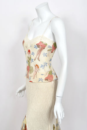 2004 John Galliano 'Cherubs & Flappers' Whimsical Print Silk Camisole & Cashmere Knit Bias-Cut Skirt Set