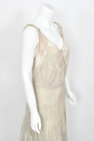 1932 Worth Couture for Elizabeth Arden Sequin Ivory Seashell Motif Lace Gown