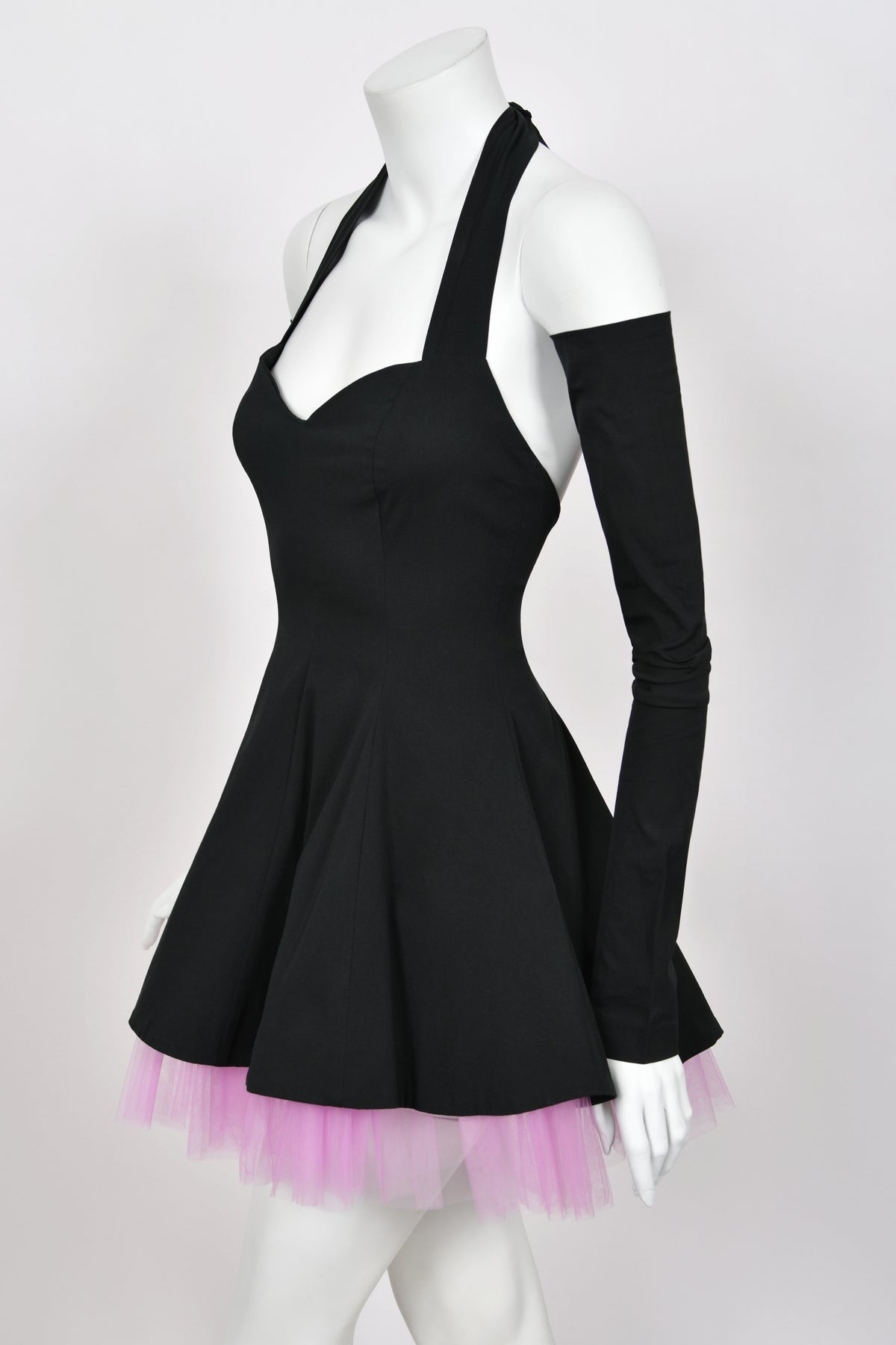1992 Dolce & Gabbana Runway Black Stretch Cotton & Lilac Tulle Halter Mini Dress w/ Gloves