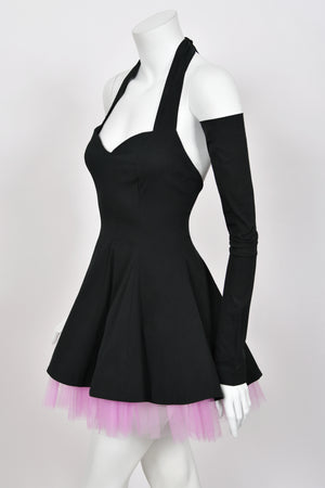 1992 Dolce & Gabbana Runway Black Stretch Cotton & Lilac Tulle Halter Mini Dress w/ Gloves