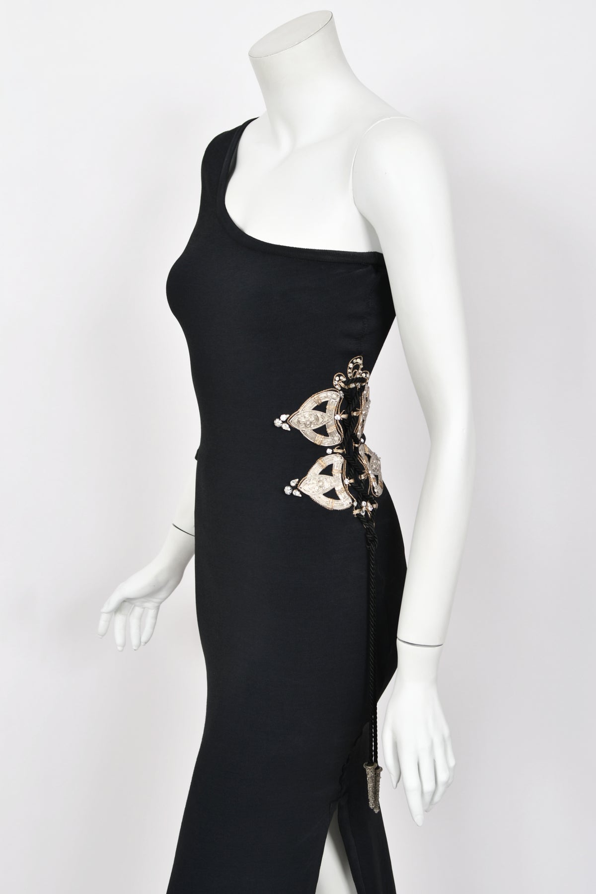 1994 Christian Dior Runway Metallic Embroidered Black Stretch Silk One-Sleeve Hourglass Dress