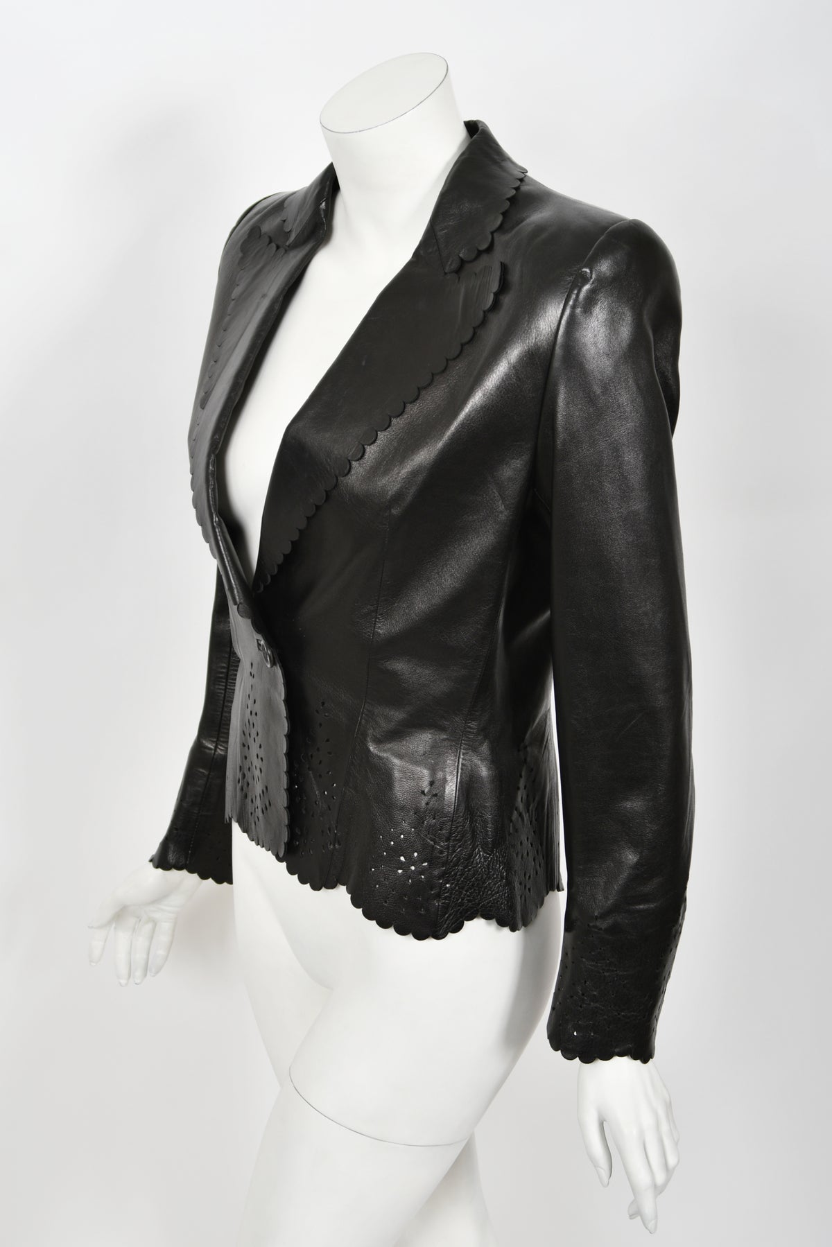 1997 Alexander Mcqueen for Givenchy Runway Black Leather Cutwork Blazer Jacket