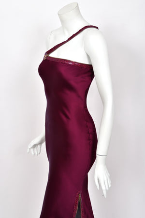 2001 Christian Dior by John Galliano Wine-Red Silk Snakeskin Zippers High Slit Bias-Cut Gown