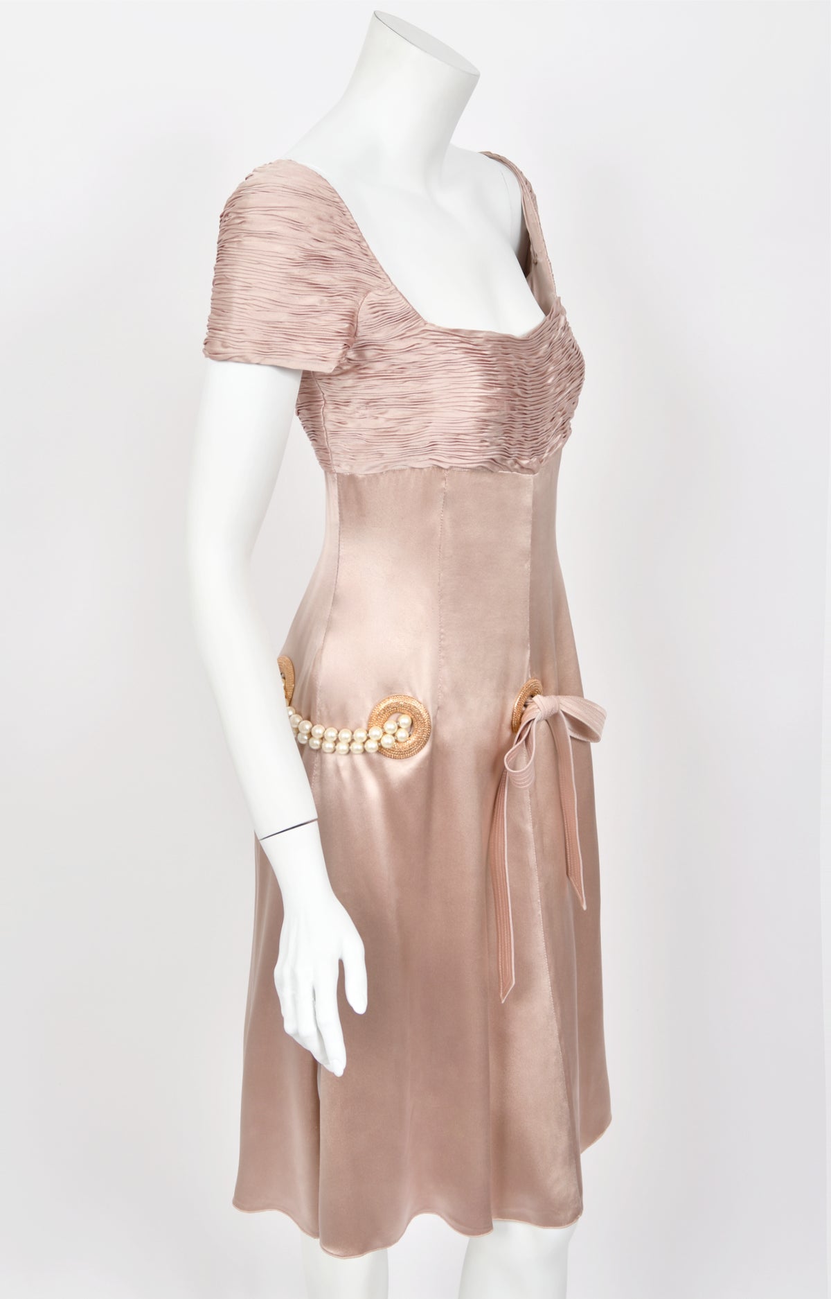 2005 Valentino Runway Blush Pink Silk Pleated Bodice Draped Pearl-Belted Dress