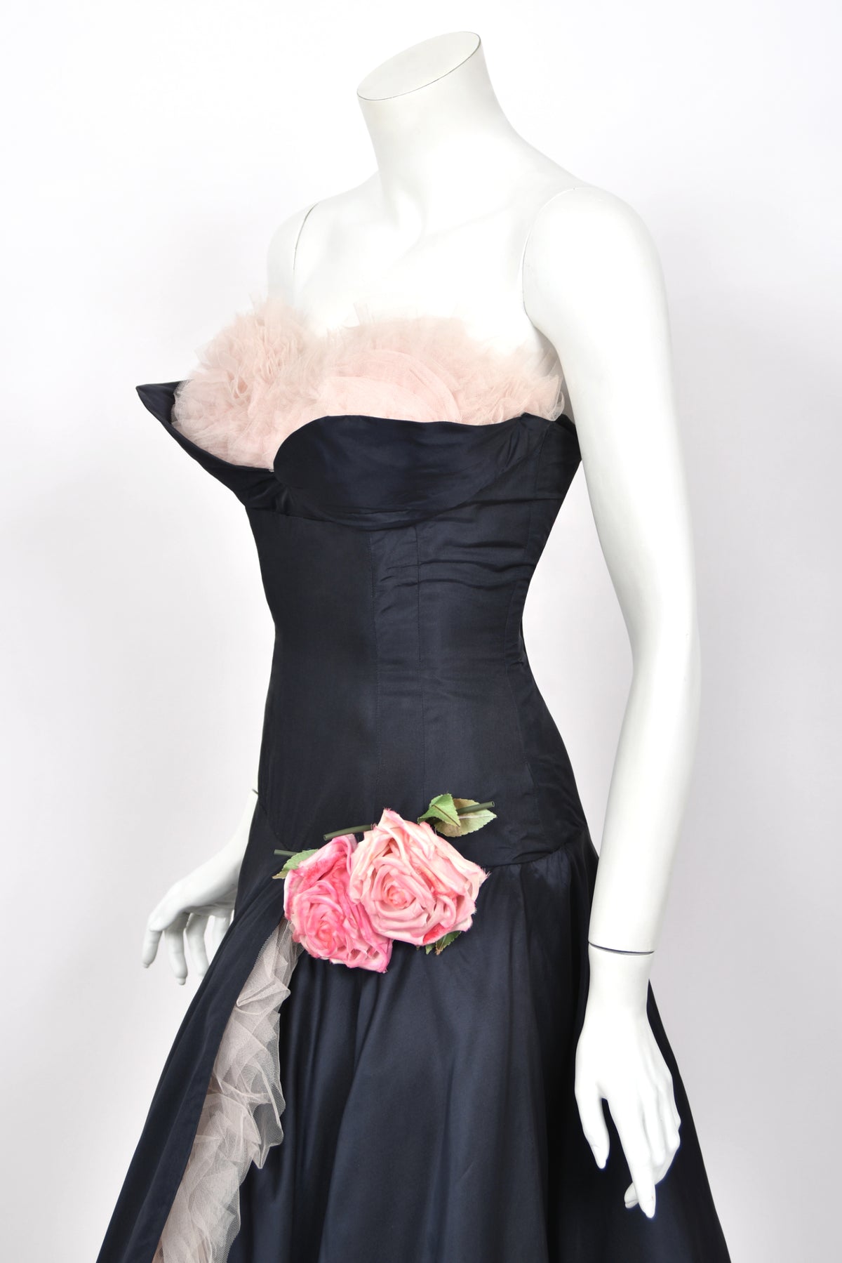 1950's Don Miguel of California Navy Silk &amp; Blush Pink Tulle Ruffle Shelf-Bust Strapless Dress
