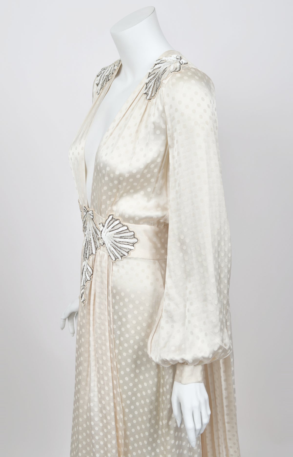 1974 Thea Porter Couture Beaded Sequin Seashells Ivory Silk Billow-Sleeve Trained Gown