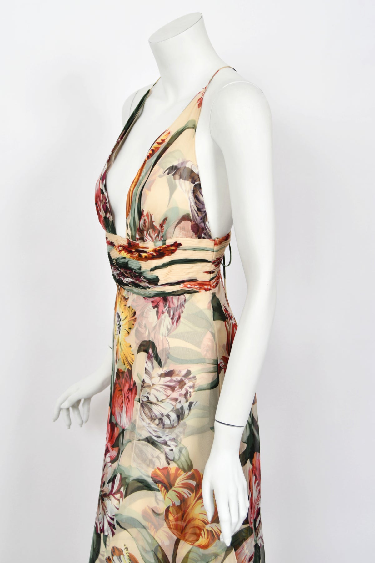 2005 Valentino Cruise Collection Colorful Floral Silk Low-Cut Halter Tiered Gown