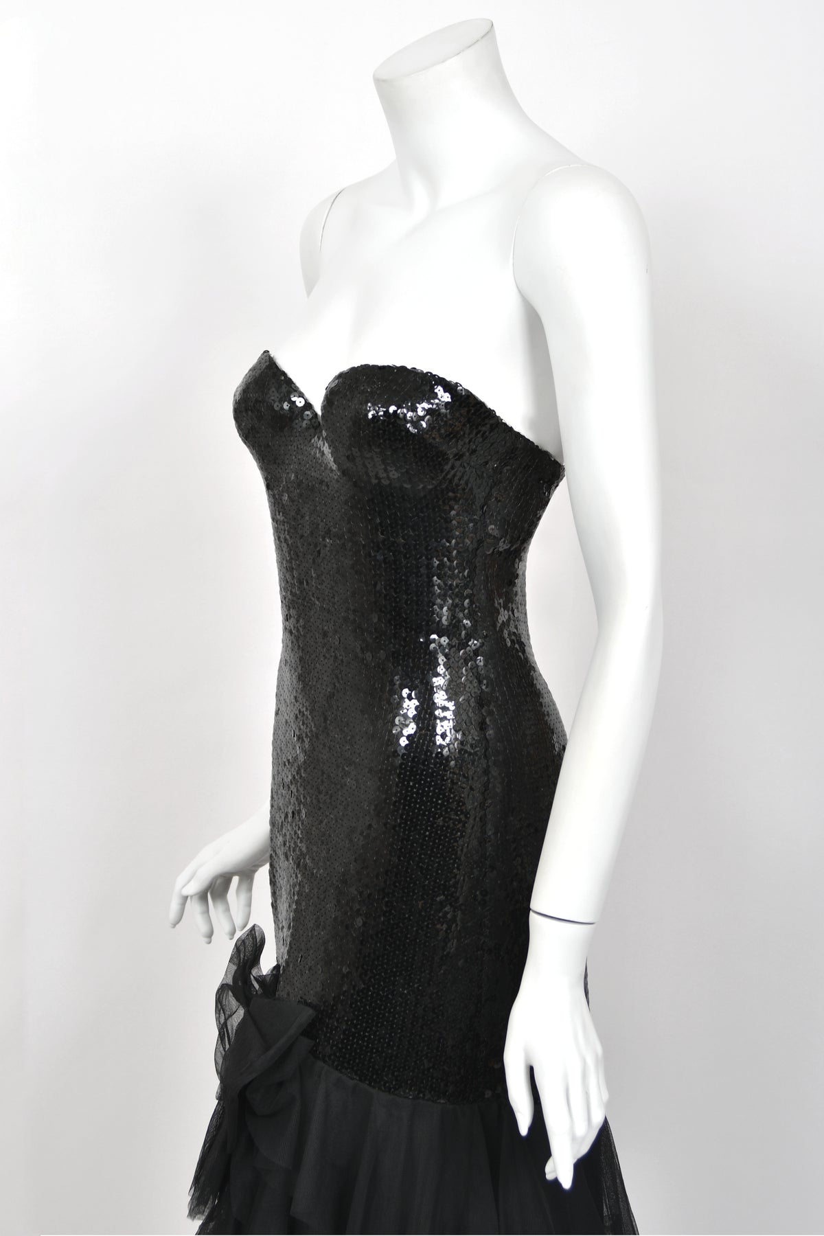 1978 Loris Azzaro Couture Black Sequin Strapless Tiered-Ruffle Gown & Sheer Capelet