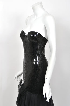 1978 Loris Azzaro Couture Black Sequin Strapless Tiered-Ruffle Gown & Sheer Capelet