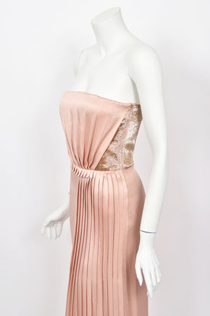 2012 John Galliano Blush Pink Silk Beaded Bustier Strapless Pleated-Side Gown