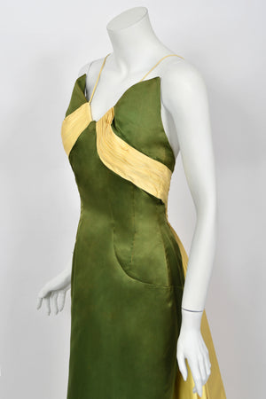 1950's Anne Verdi Green & Yellow Silk Winged-Bust Hourglass Trained Gown