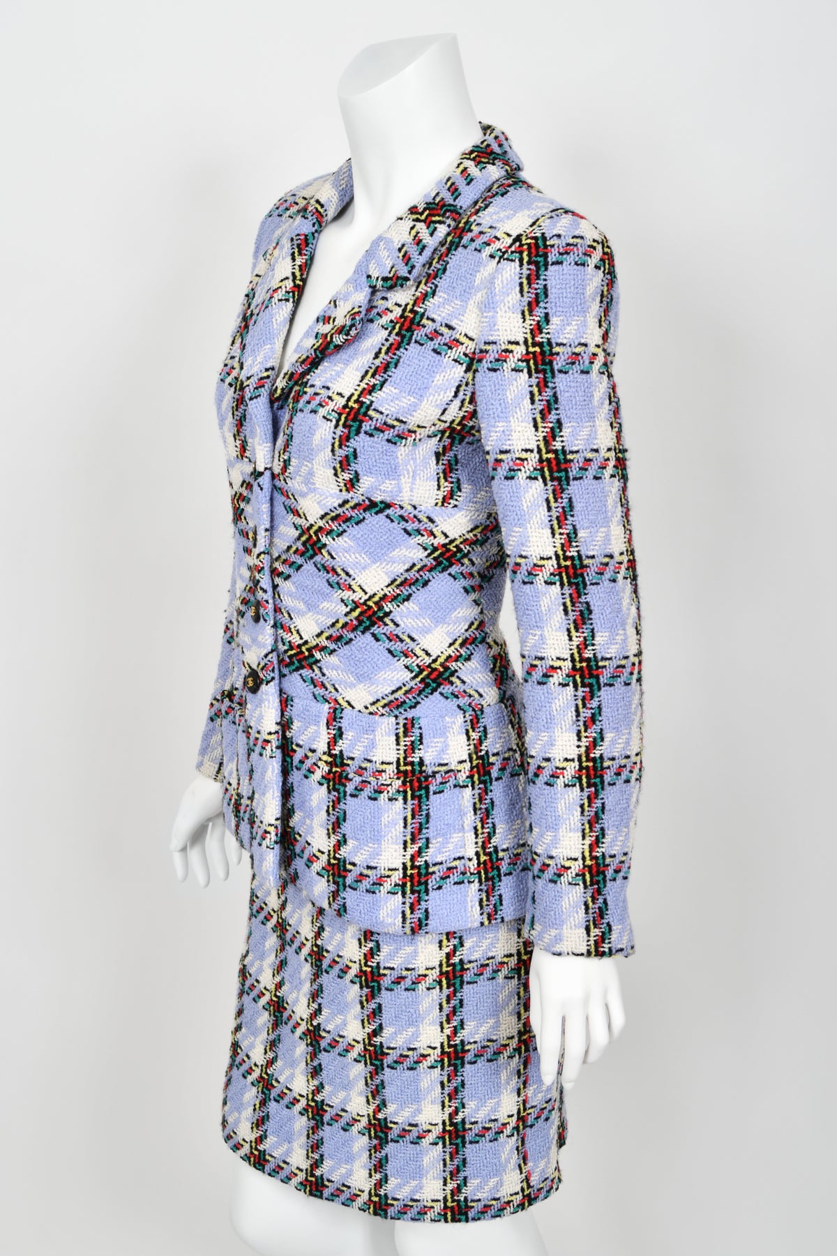 1995 Chanel by Karl Lagerfeld Runway Periwinkle Plaid Wool Barbie Jacket &amp; Skirt