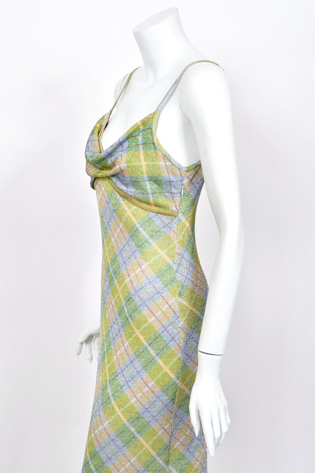 2000 John Galliano Metallic Plaid Lurex Knit Bias-Cut Maxi Dress w/ Matching Cardigan