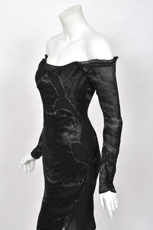 2004 Tom Ford for Yves Saint Laurent Runway Sheer Black Boned Off-Shoulder Hourglass Dress
