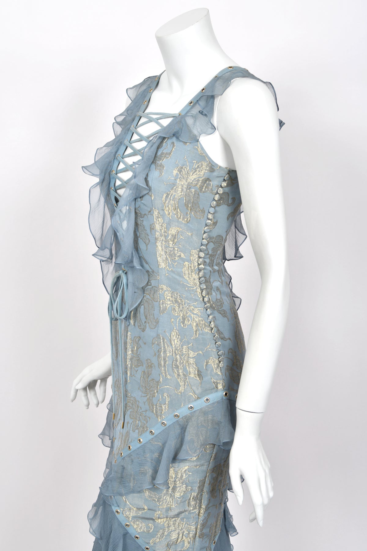 2003 Christian Dior by John Galliano Metallic Powder Blue Floral Silk Brocade Lace Up Bias-Cut Gown