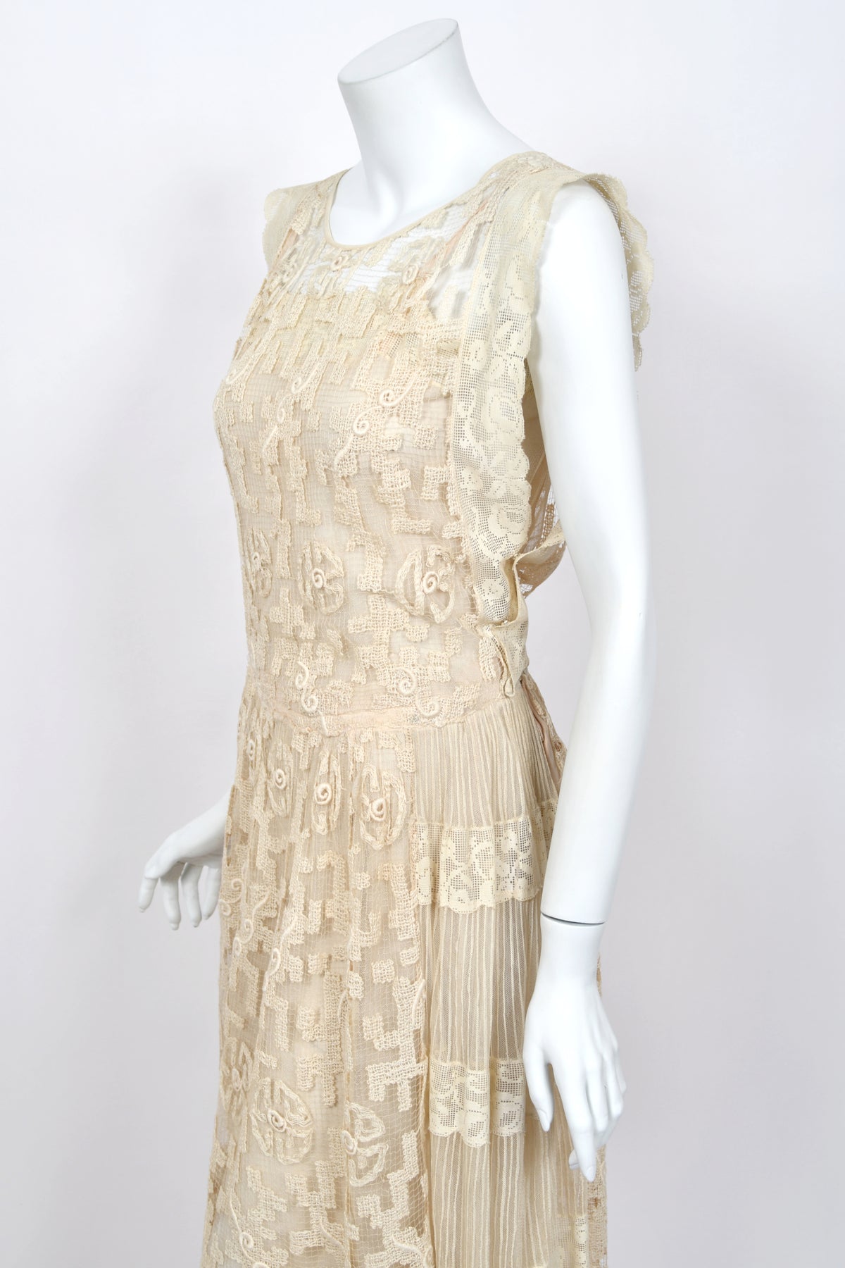 1920's French Cream Heavily Embroidered Deco Motif Filet Lace & Sheer Net Tea-Length Dress