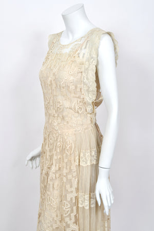 1920's French Cream Heavily Embroidered Deco Motif Filet Lace & Sheer Net Tea-Length Dress
