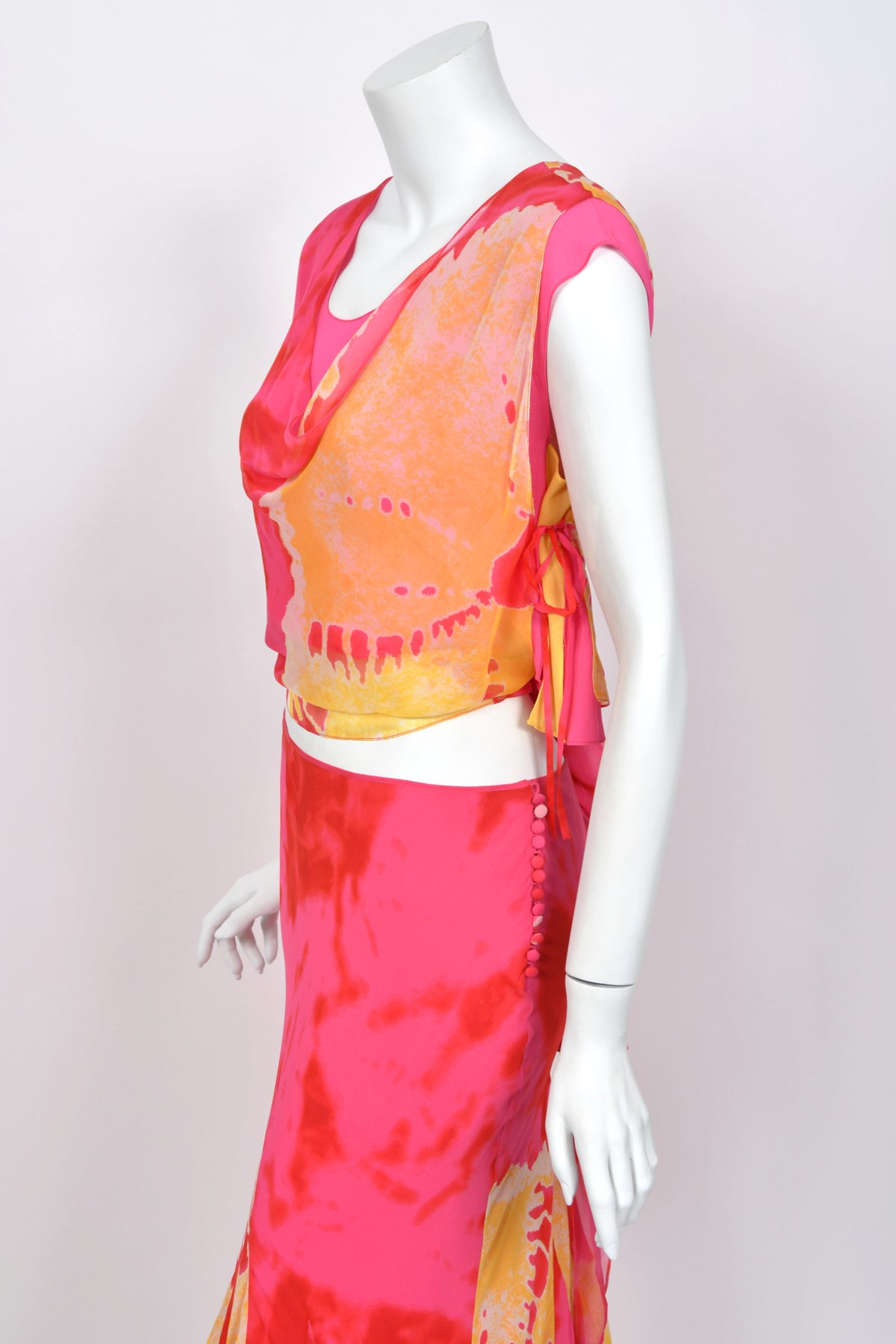 2003 Christian Dior by John Galliano Tie-Dye Pink Yellow Print Silk Cropped Blouse & Bias-Cut Skirt
