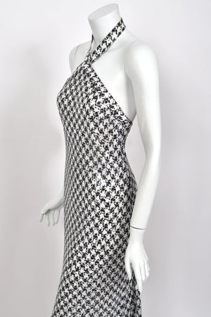 1984 Chanel by Karl Lagerfeld Black & White Sequin Houndstooth Silk Bias-Cut Halter Gown