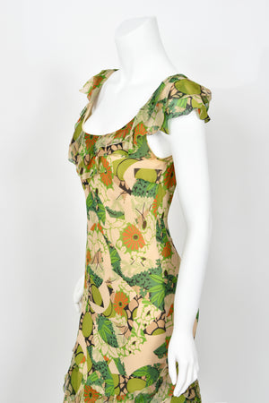 2005 John Galliano Green & Beige Floral Print Silk Tiered Ruffle Bias-Cut Dress