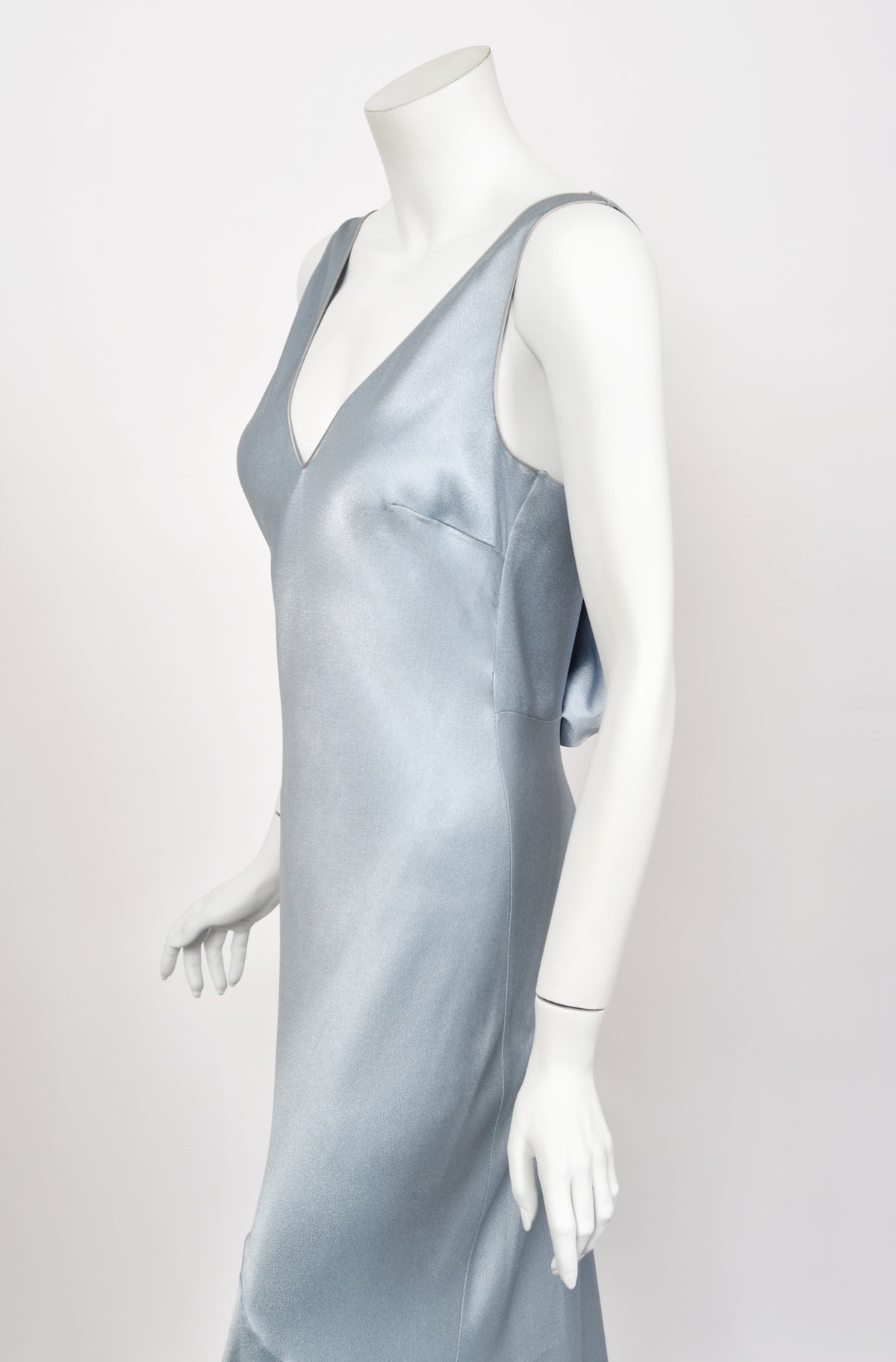 1997 John Galliano Documented Ice Blue Satin Backless Bias-Cut Trained Gown