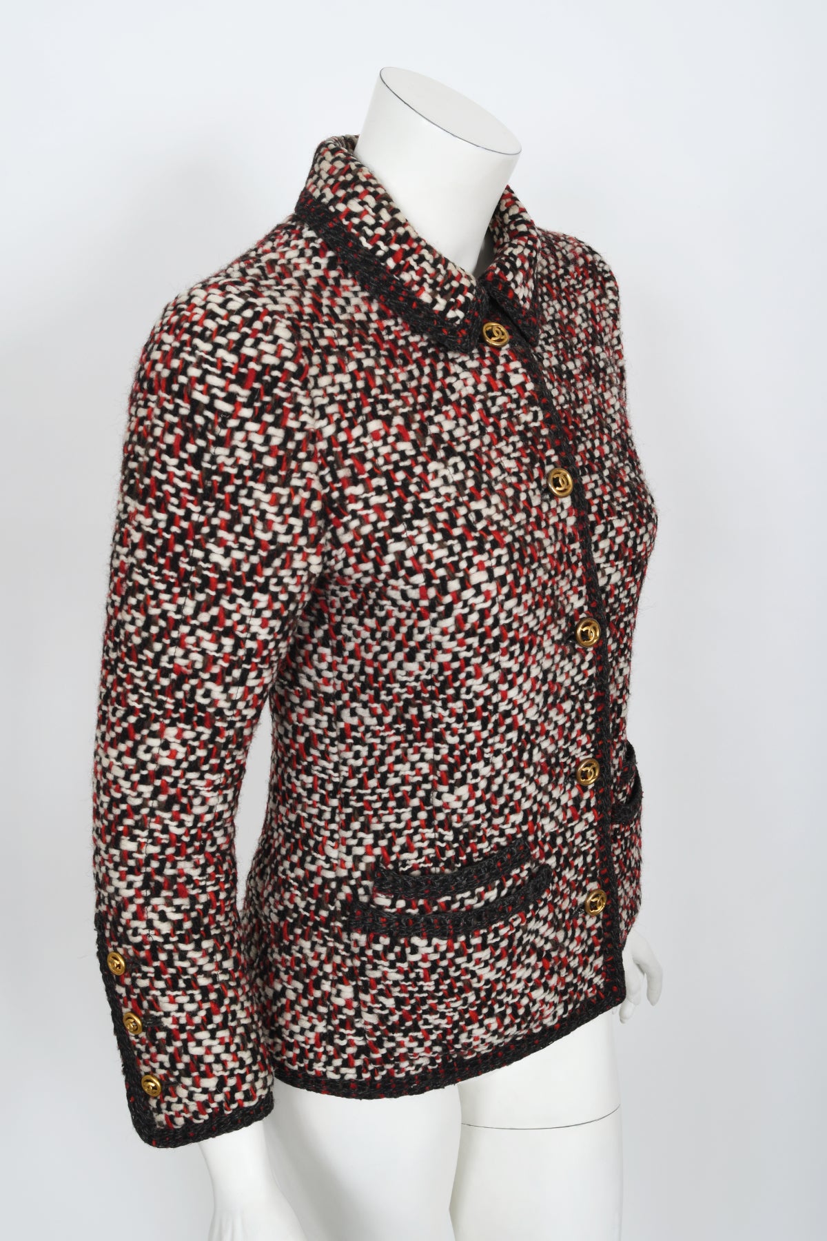 1973 Chanel Haute Couture Red Black Ivory Wool Tweed Jacket & Skirt Suit