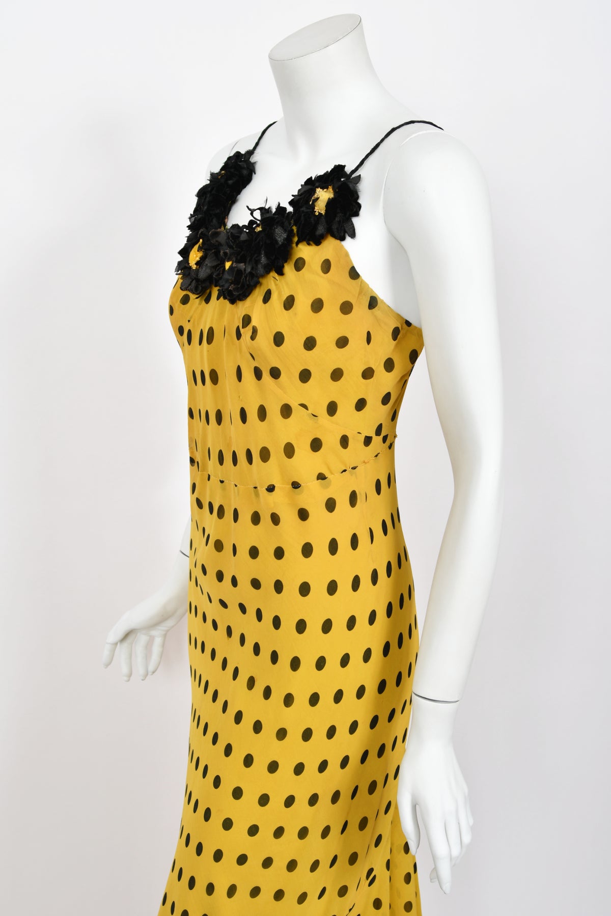 1930&#39;s Germaine Monteil Couture Polka Dot Silk Appliqué Bias-Cut Gown w/ Capelet