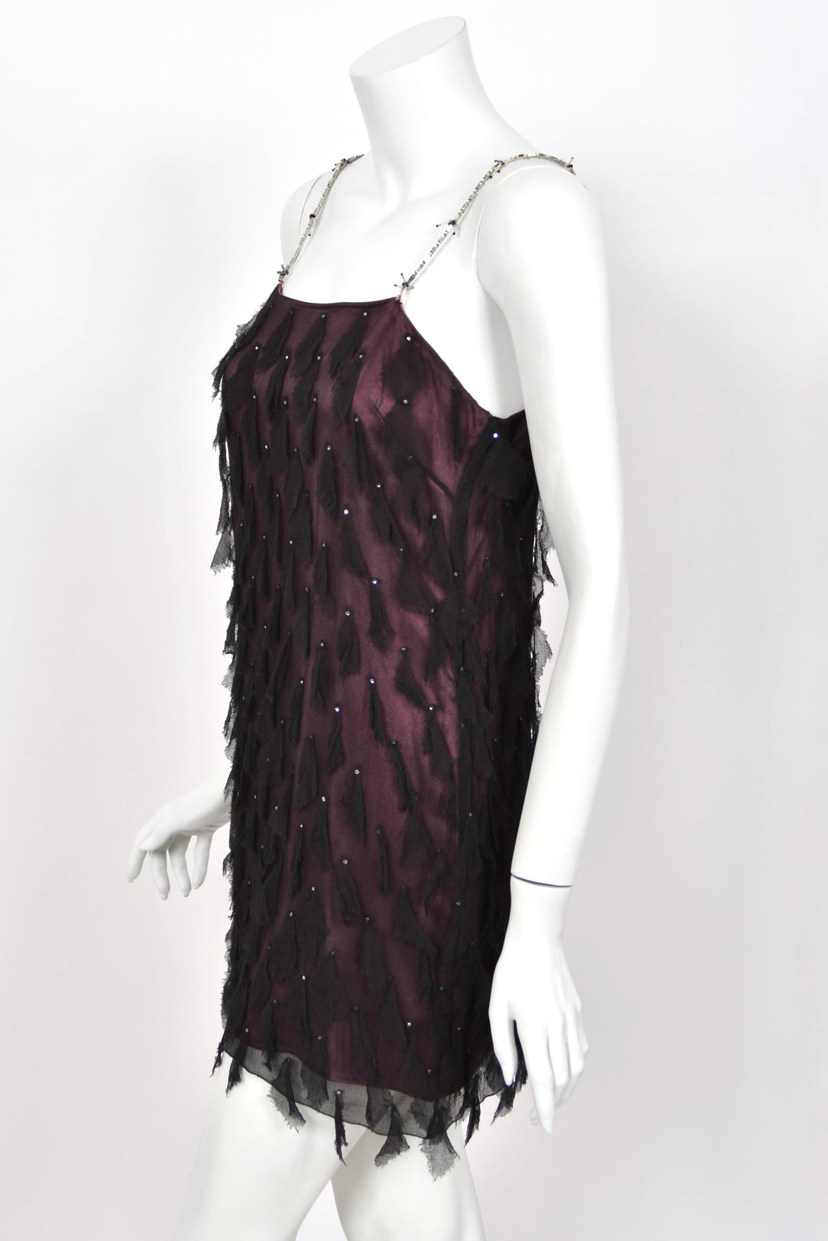 1998 Versace Runway Purple & Black 'Petal' Silk Chiffon Crystal-Straps Mini Dress