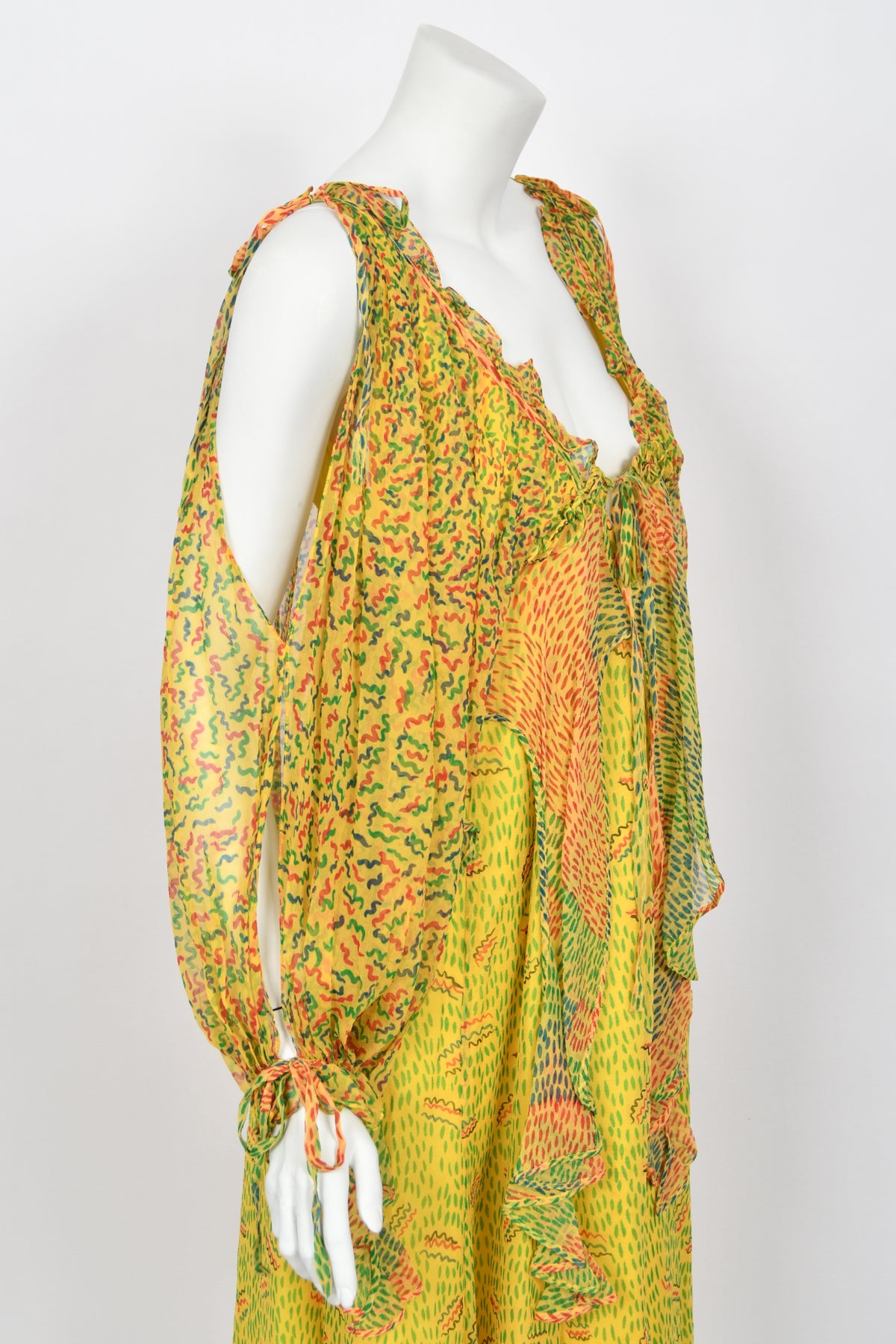 1971 Ossie Clark for Quorum Celia Birtwell Yellow Print Sheer Silk Chiffon Cut-Out Dress