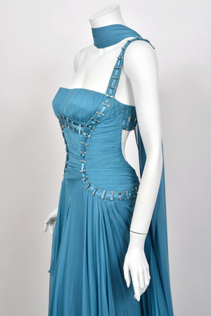 2009 Versace Runway Embellished Blue Silk Chiffon One-Shoulder High Low Gown