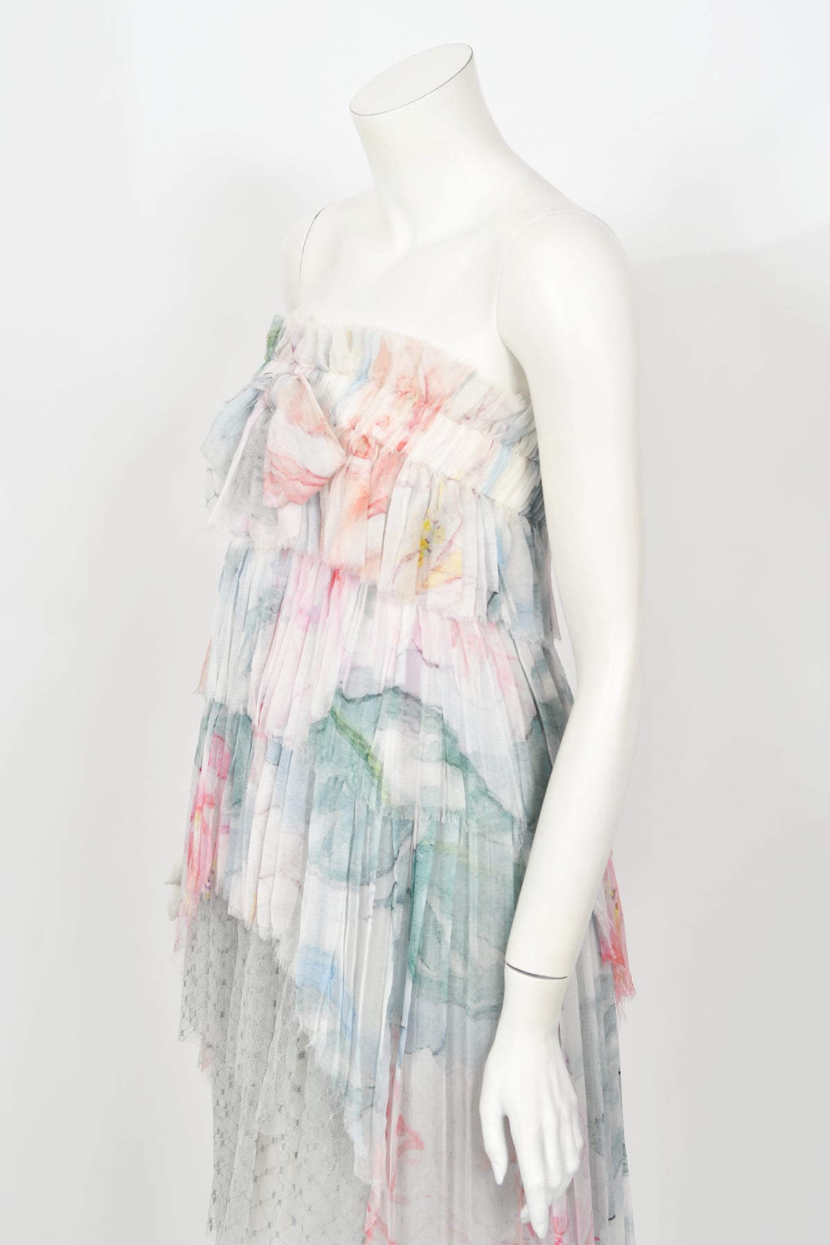 2013 Chanel by Karl Lagerfeld Pastel Floral Silk &amp; Sheer Tulle Strapless Dress