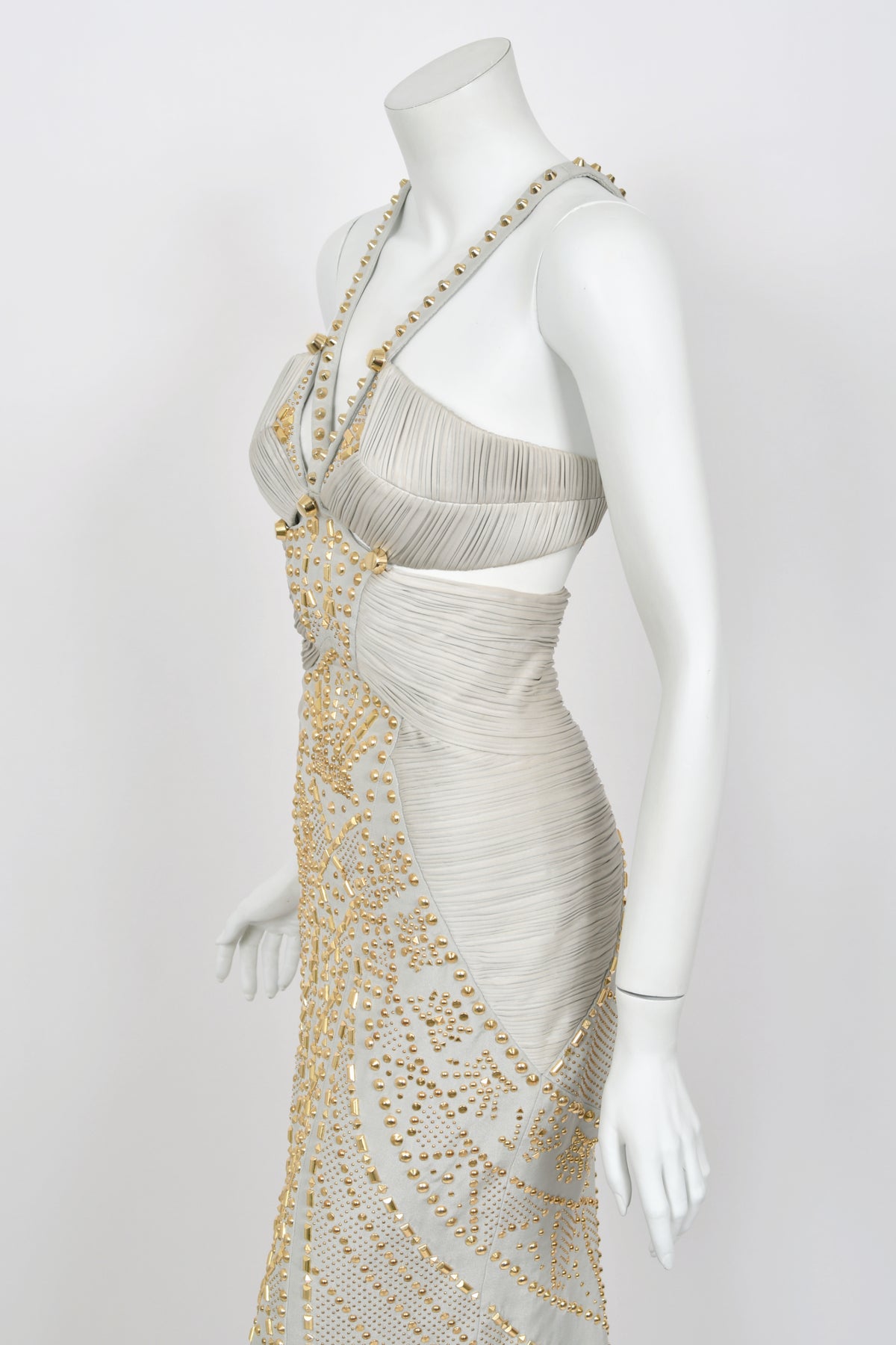 2012 Versace Runway Gold Studded Pale Dove Gray Silk Jersey Hourglass Gown