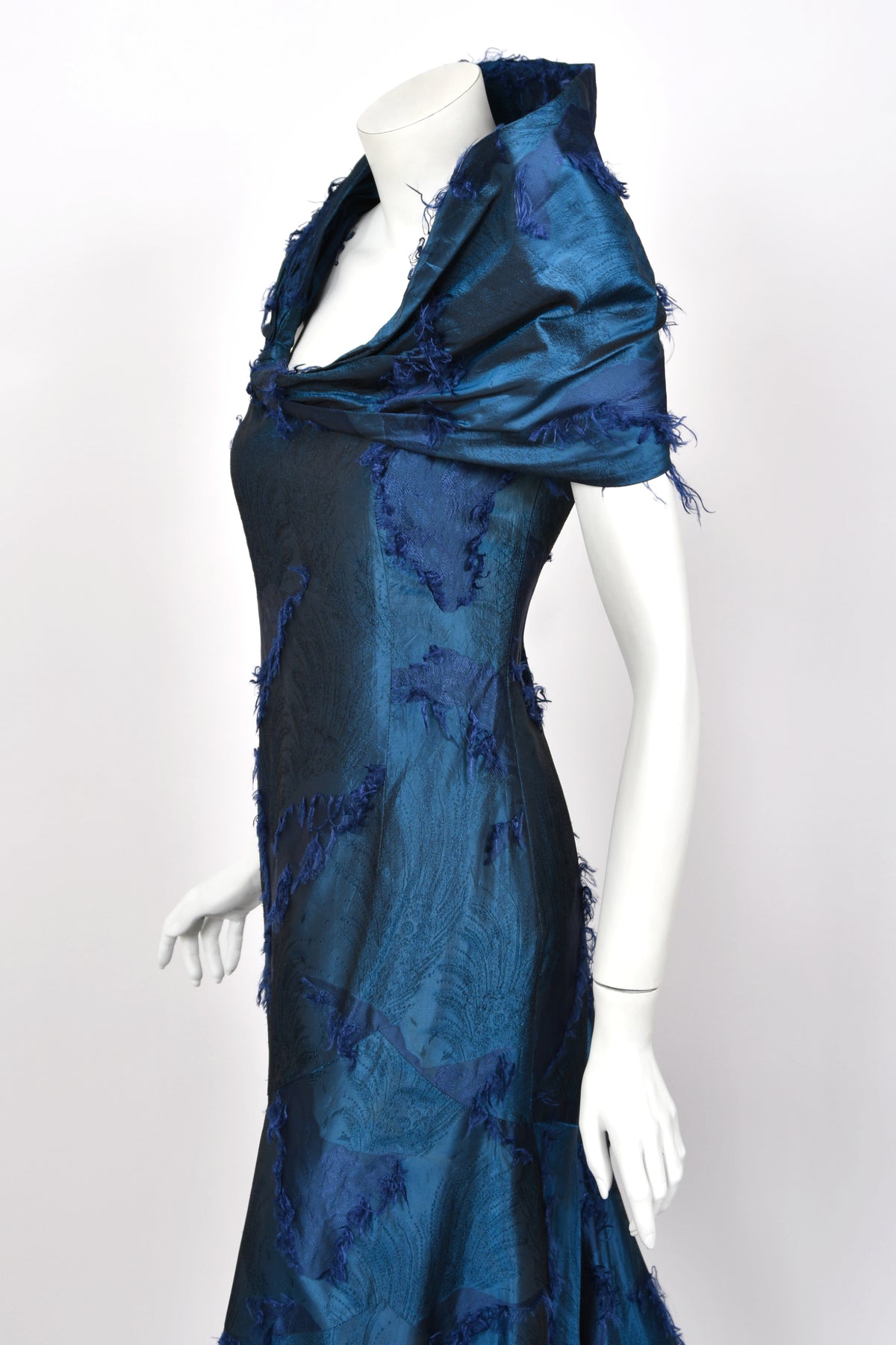 1999 Christian Dior by John Galliano Sapphire Blue Eyelash Silk Backless Bias-Cut Gown