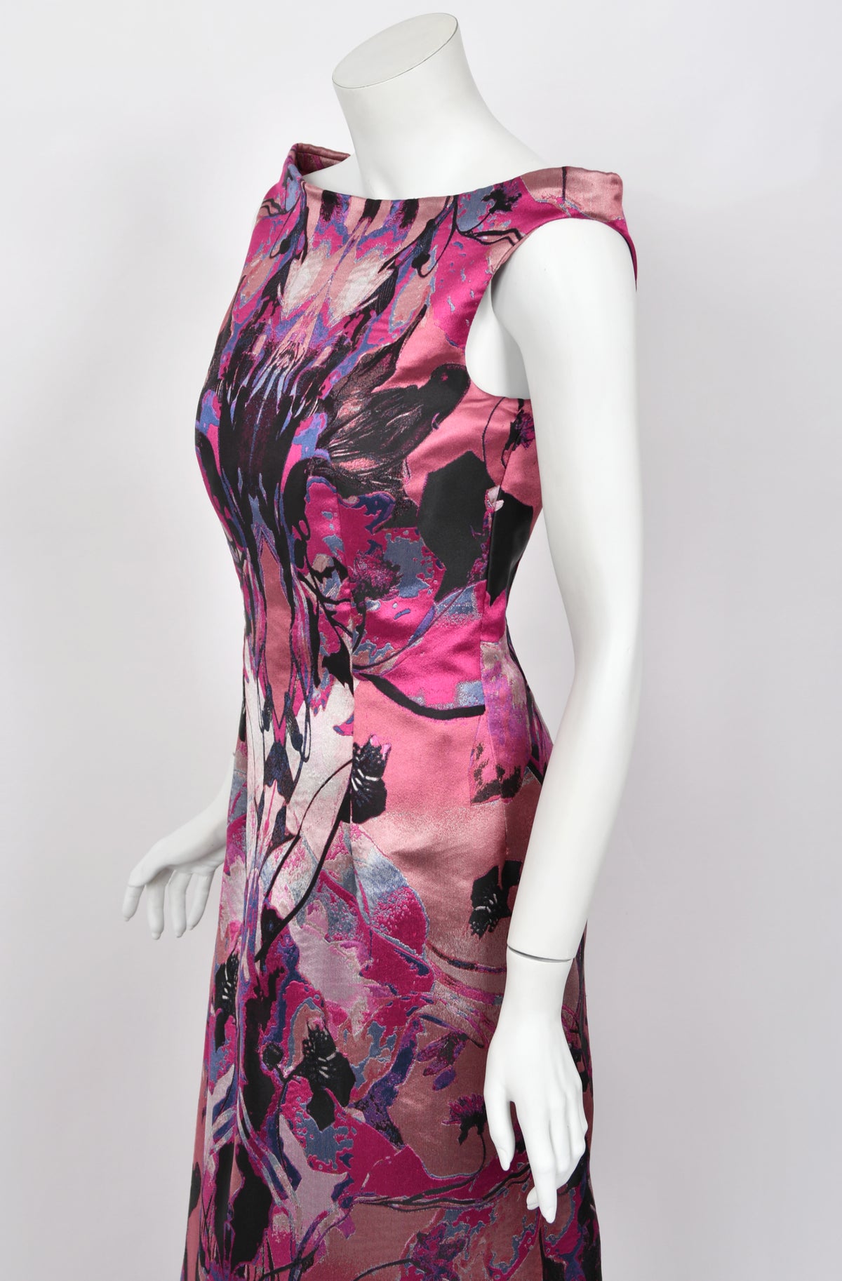 2010 Alexander McQueen Orchid Print Silk Jacquard &amp; Tulle Asymmetric Bustle Gown