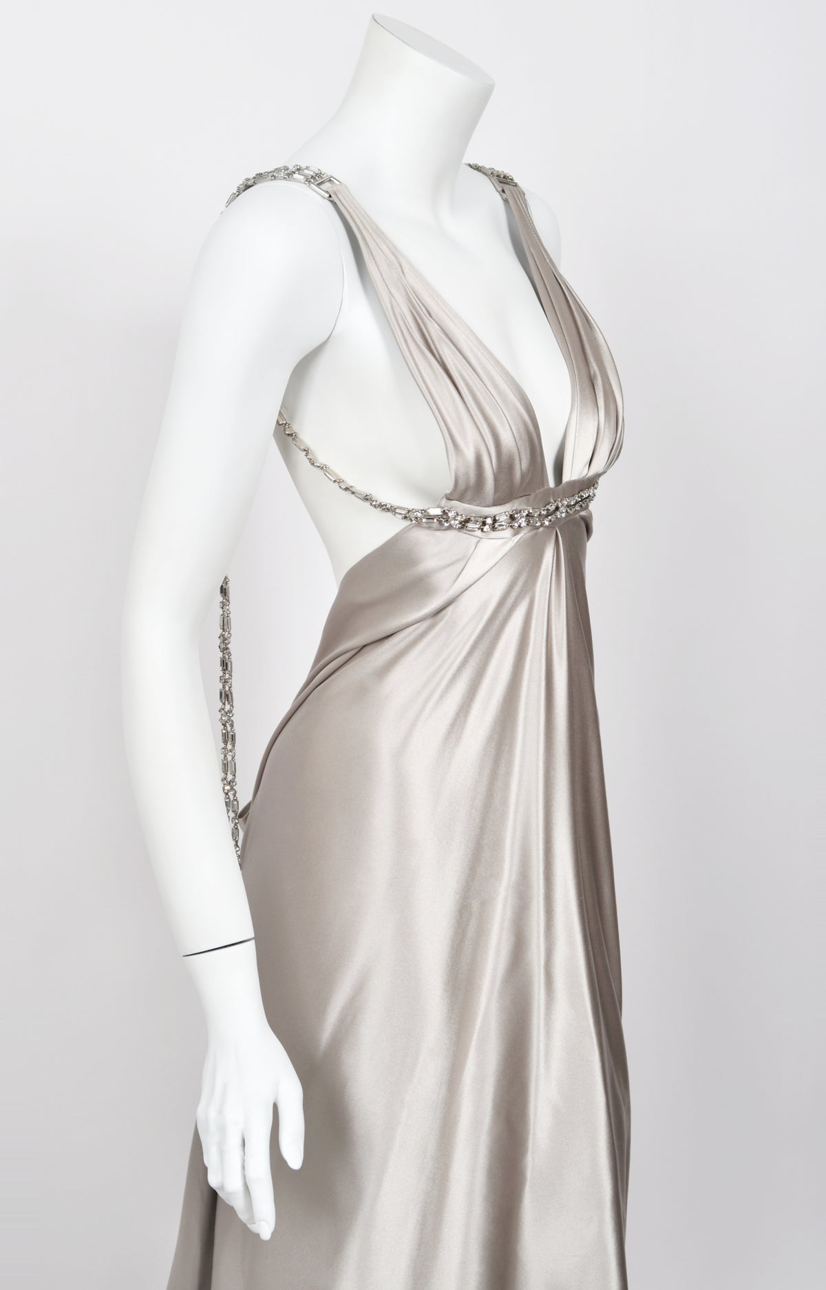 2006 Dsquared2 Platinum Silk Jeweled Backless Trained Glamour Gown