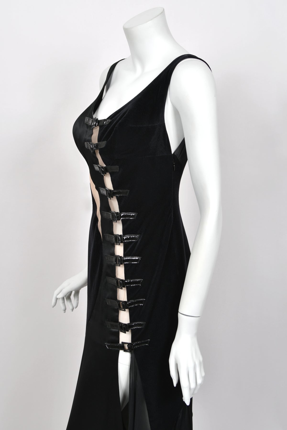 2004 Versace Runway Black Silk & Velvet Sheer-Illusion Buckle Trimmed High Slit Gown