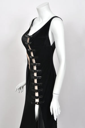 2004 Versace Runway Black Silk & Velvet Sheer-Illusion Buckle Trimmed High Slit Gown