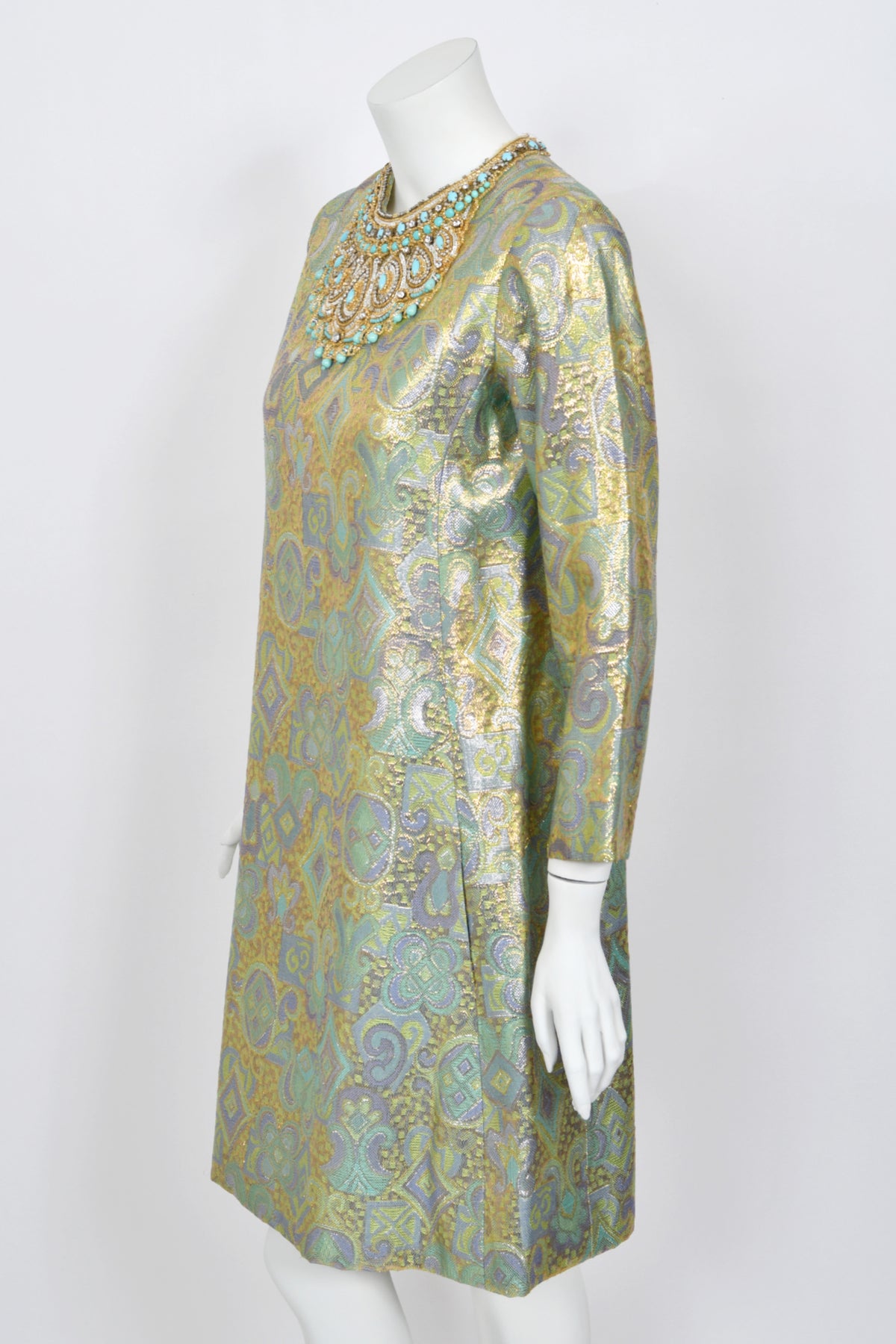 1960&#39;s Bob Bugnand Couture Beaded Metallic Silk-Brocade Dress &amp; Matching Coat