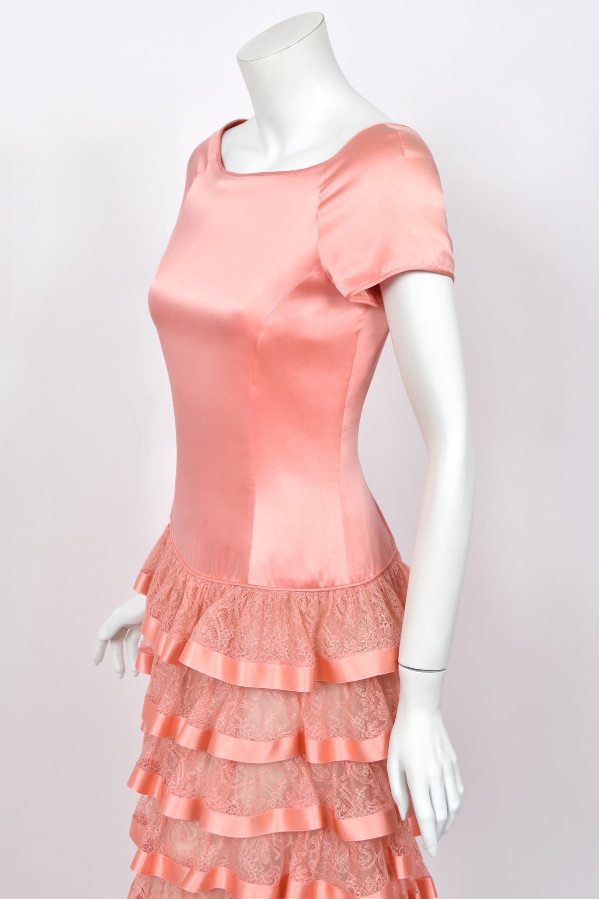 1993 Valentino Runway Blush Pink Silk &amp; Sheer Chantilly-Lace Tiered Ruffle Maxi Dress