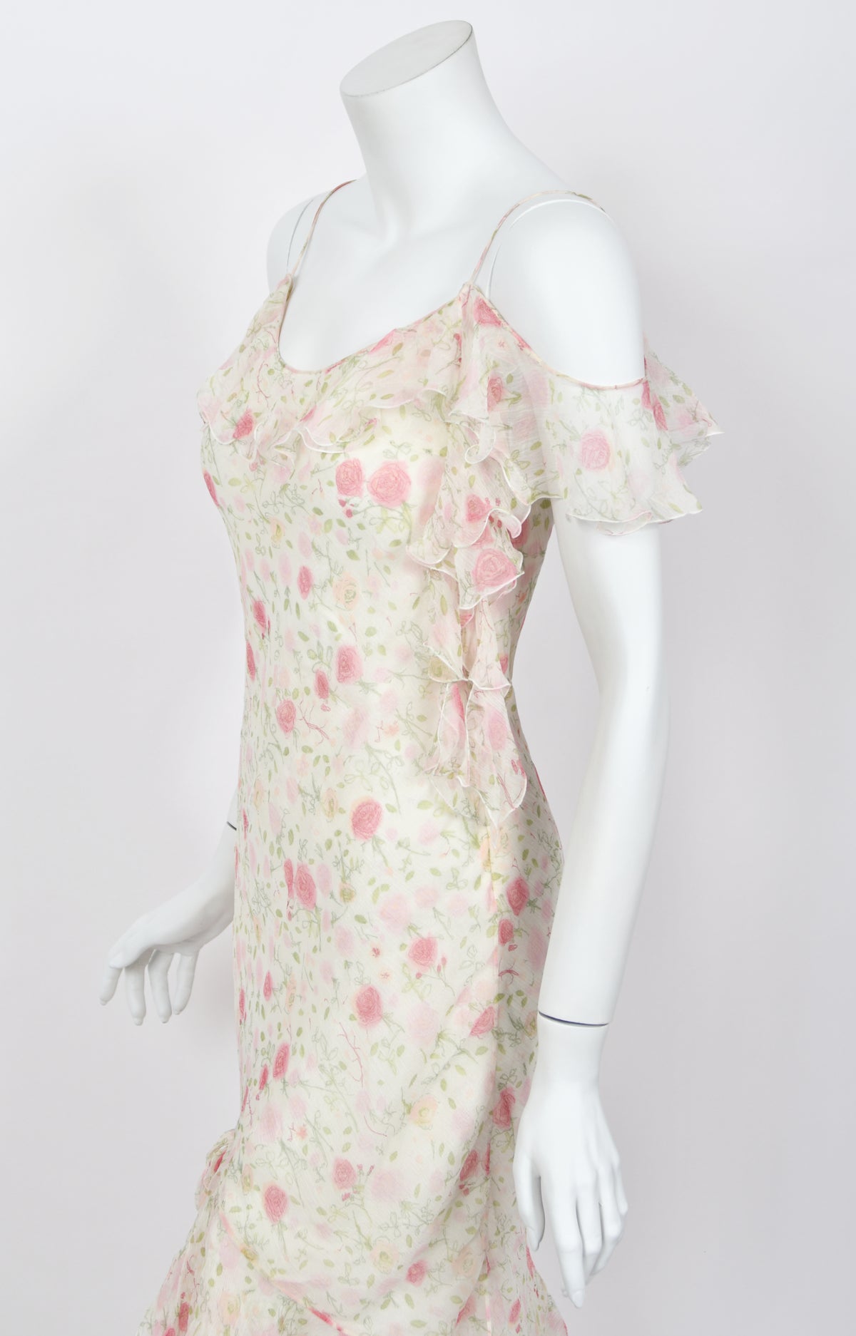 1999 Christian Dior by John Galliano Pink Roses Print Silk Off Shoulder Bias-Cut Dress
