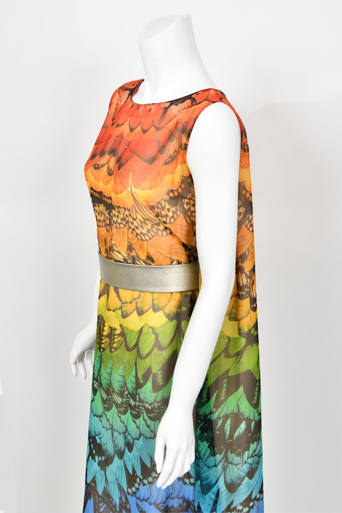 Vintage 2008 Alexander McQueen Documented Rainbow Butterfly Print Silk  Belted Cape Dress - Timeless Vixen